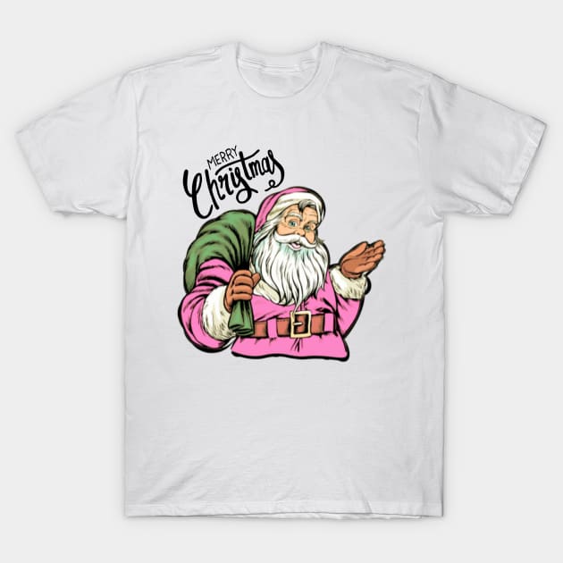 Retro Vintage Pink Santa Claus Merry Christmas T-Shirt by Little Duck Designs